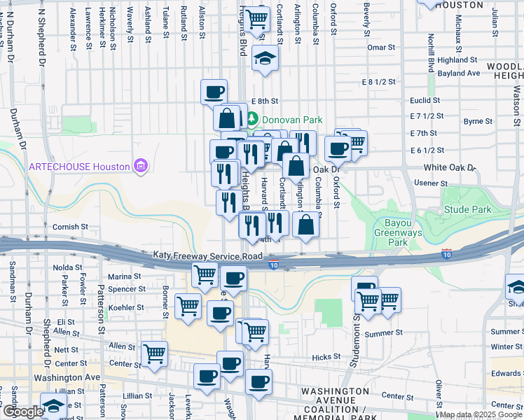 map of restaurants, bars, coffee shops, grocery stores, and more near 122 East 5th Street in Houston