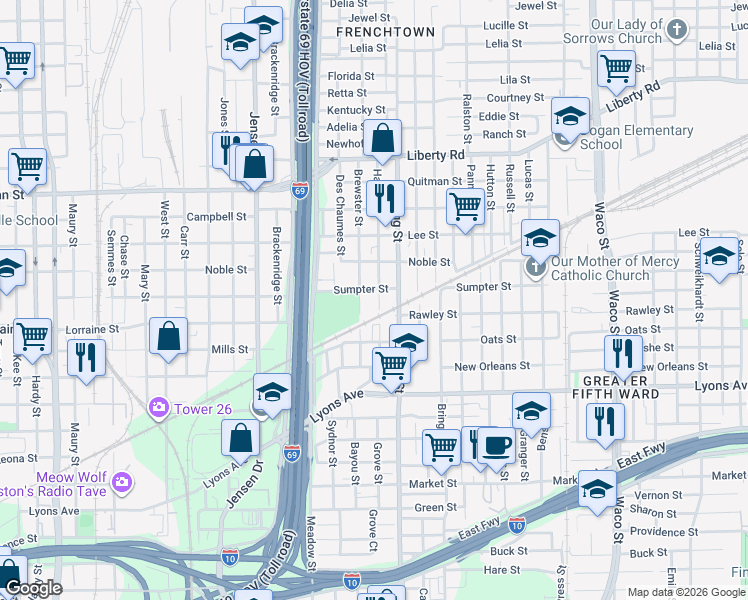 map of restaurants, bars, coffee shops, grocery stores, and more near 1913 Hailey Street in Houston