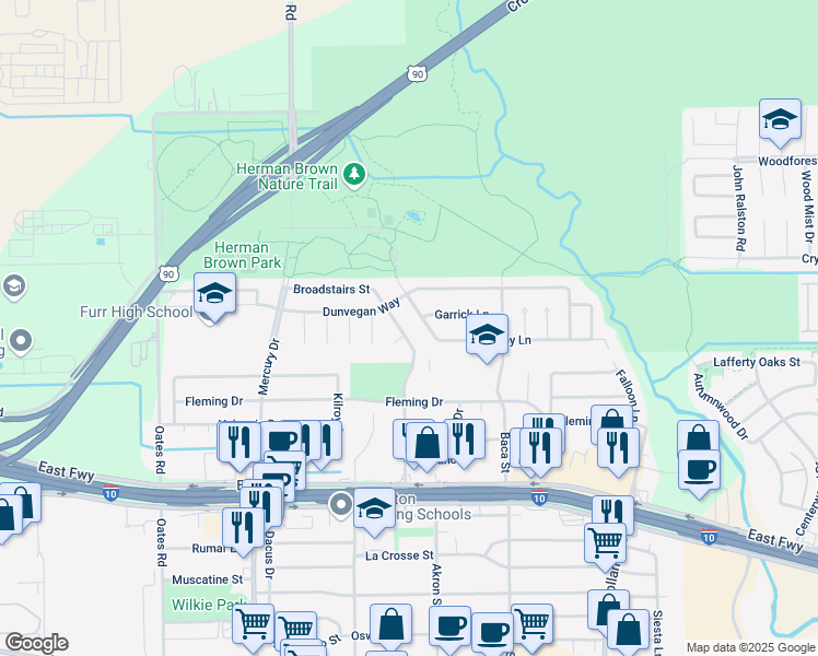 map of restaurants, bars, coffee shops, grocery stores, and more near 526 Rainy Meadow Lane in Houston
