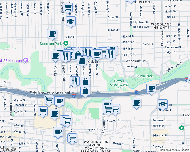 map of restaurants, bars, coffee shops, grocery stores, and more near 448 Columbia Street in Houston