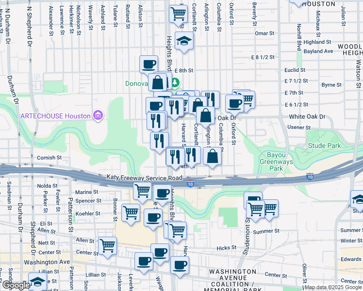 map of restaurants, bars, coffee shops, grocery stores, and more near 122 East 5th Street in Houston