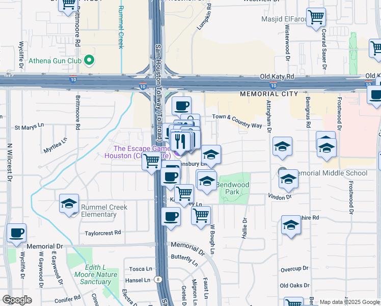 map of restaurants, bars, coffee shops, grocery stores, and more near 796 Town and Country Boulevard in Houston