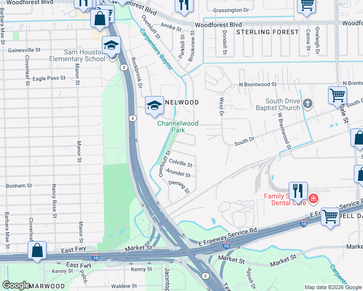 map of restaurants, bars, coffee shops, grocery stores, and more near 14914 Lawther Street in Channelview