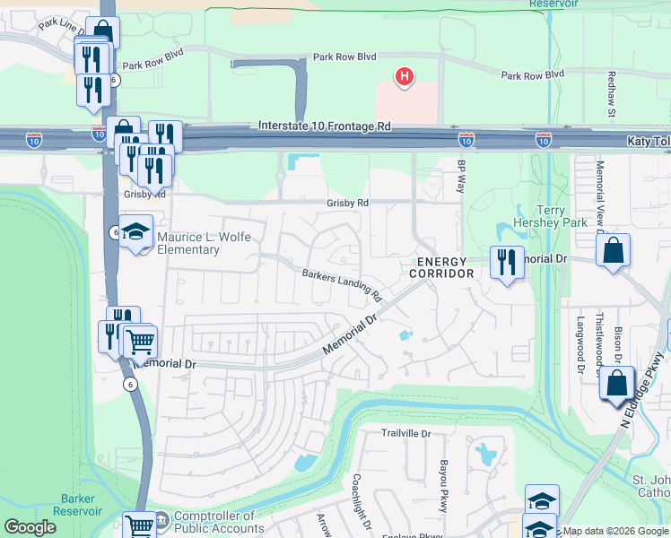 map of restaurants, bars, coffee shops, grocery stores, and more near 15690 Barkers Landing Road in Houston