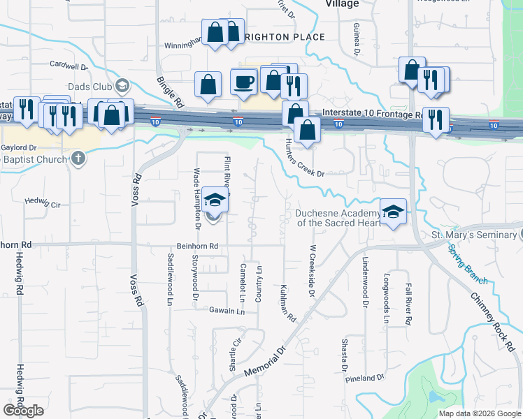 map of restaurants, bars, coffee shops, grocery stores, and more near 840 Country Lane in Houston