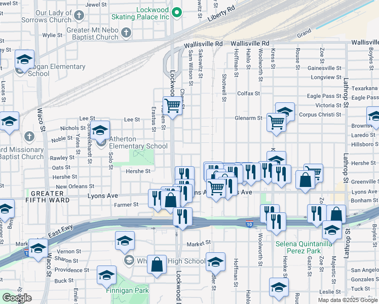 map of restaurants, bars, coffee shops, grocery stores, and more near 5609 Perkins Street in Houston