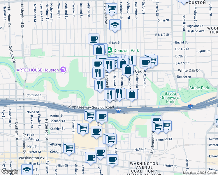map of restaurants, bars, coffee shops, grocery stores, and more near 102 East 5th Street in Houston