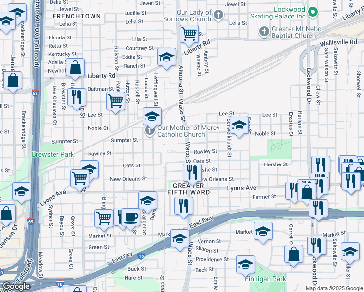 map of restaurants, bars, coffee shops, grocery stores, and more near 4406 Sumpter Street in Houston
