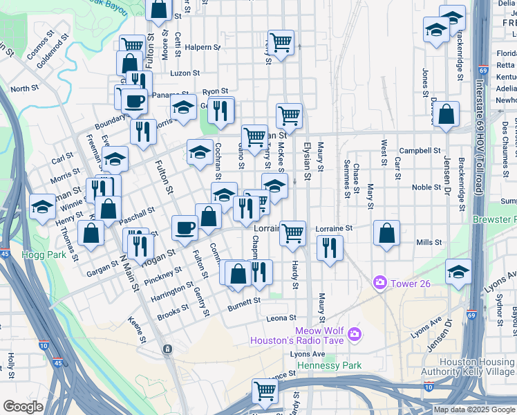 map of restaurants, bars, coffee shops, grocery stores, and more near 1920 Chapman Street in Houston