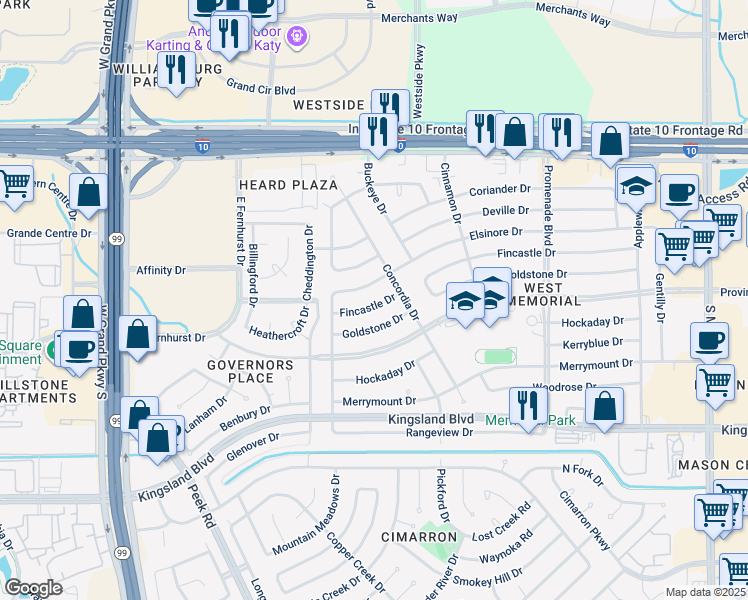 map of restaurants, bars, coffee shops, grocery stores, and more near 22718 Fincastle Drive in Katy