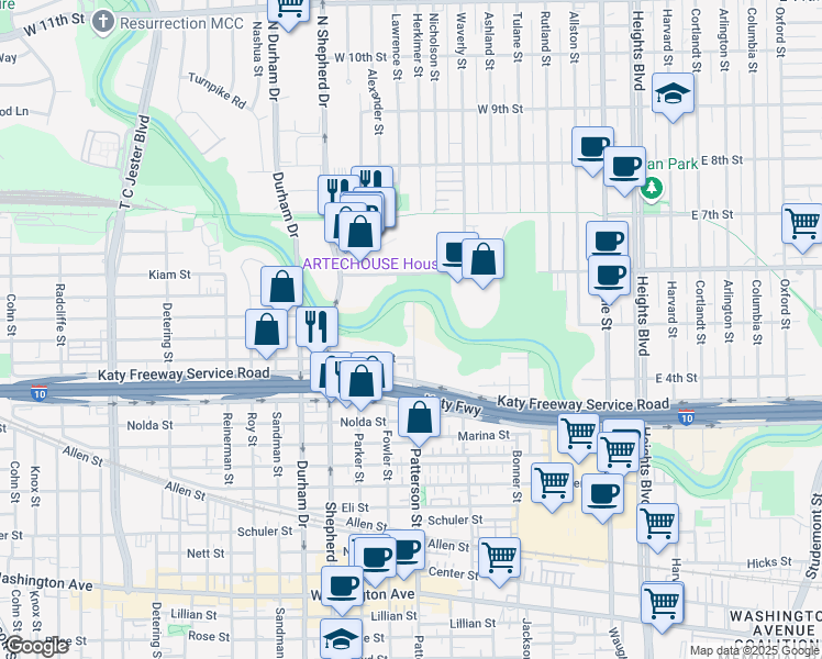 map of restaurants, bars, coffee shops, grocery stores, and more near 2215 Patterson Street in Houston
