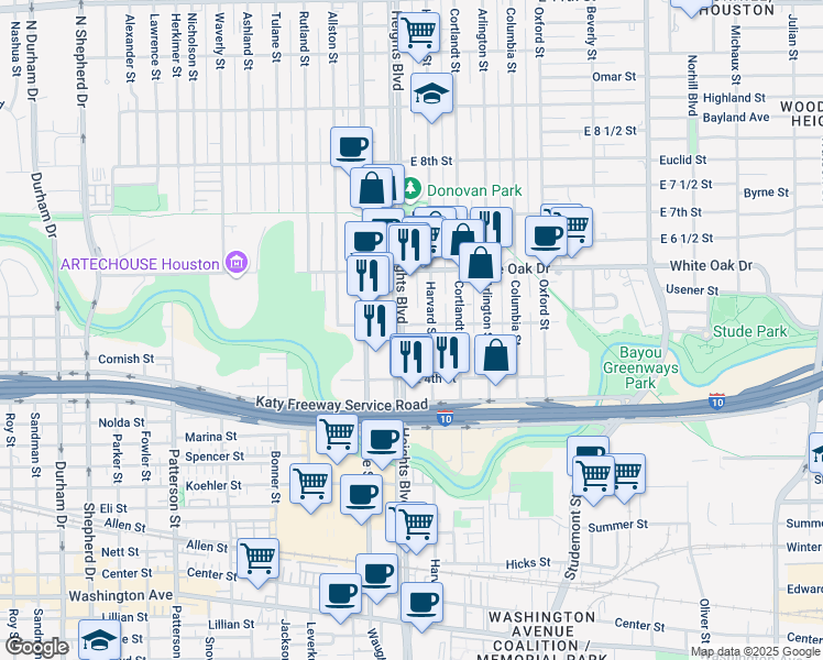 map of restaurants, bars, coffee shops, grocery stores, and more near 102 East 5th Street in Houston
