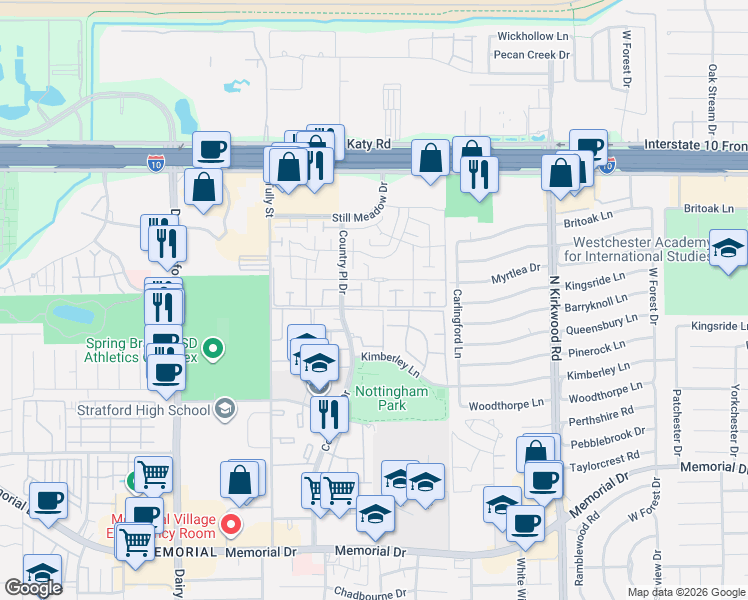 map of restaurants, bars, coffee shops, grocery stores, and more near 14317 Misty Meadow Lane in Houston
