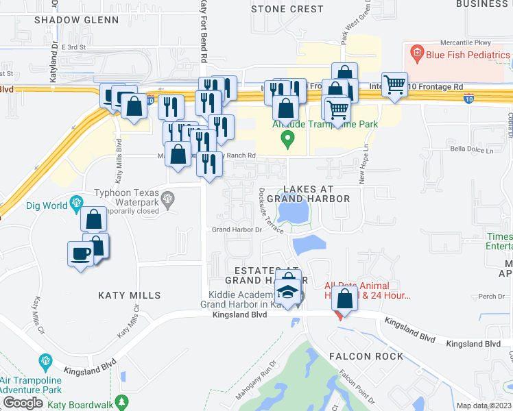 map of restaurants, bars, coffee shops, grocery stores, and more near 430 Dockside Terrace in Katy
