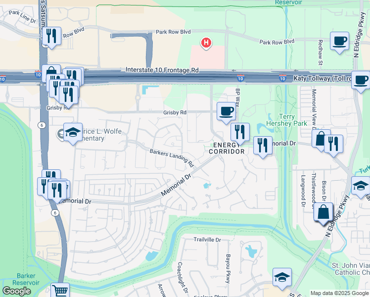map of restaurants, bars, coffee shops, grocery stores, and more near 425 East Fair Harbor Lane in Houston