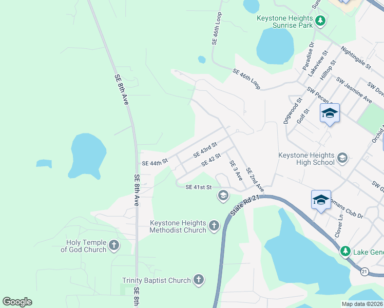 map of restaurants, bars, coffee shops, grocery stores, and more near 587 Southeast 43rd Street in Keystone Heights