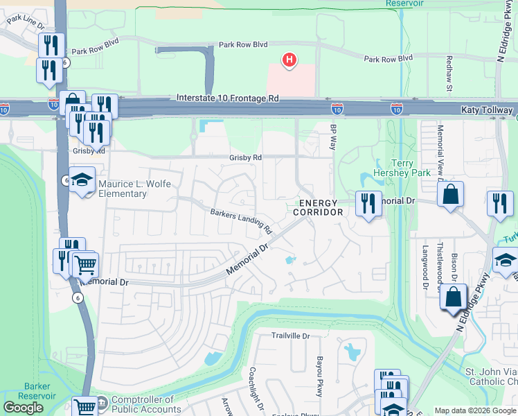 map of restaurants, bars, coffee shops, grocery stores, and more near 425 East Fair Harbor Lane in Houston