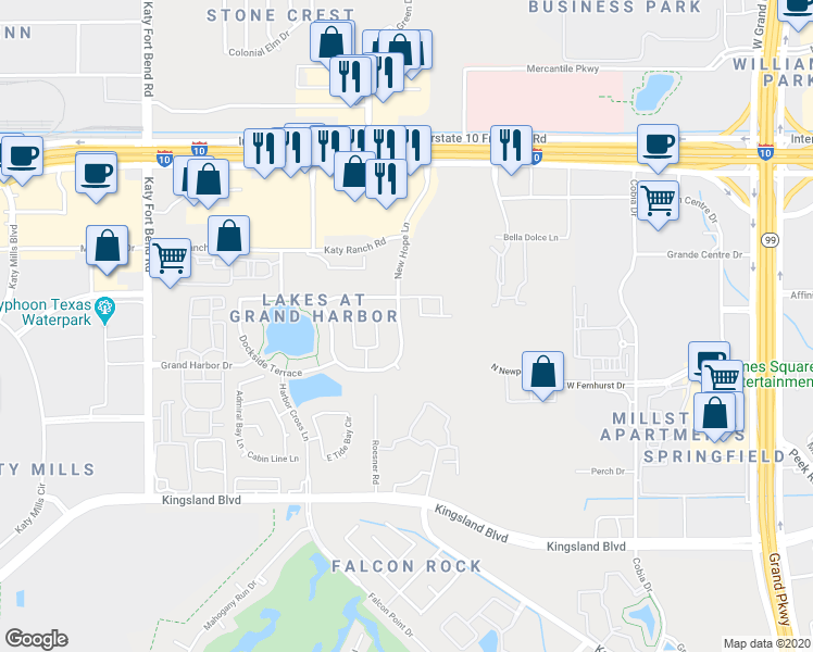 map of restaurants, bars, coffee shops, grocery stores, and more near 427 New Hope Lane in Katy