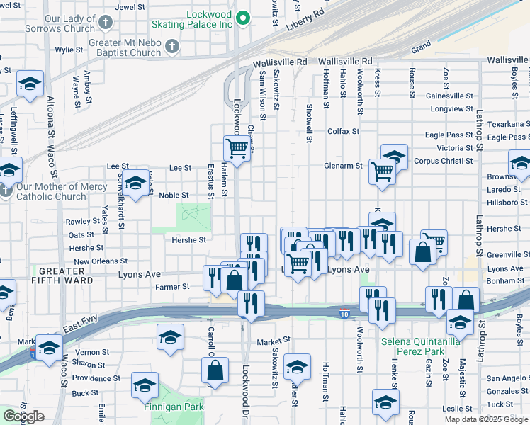 map of restaurants, bars, coffee shops, grocery stores, and more near 5609 Perkins Street in Houston