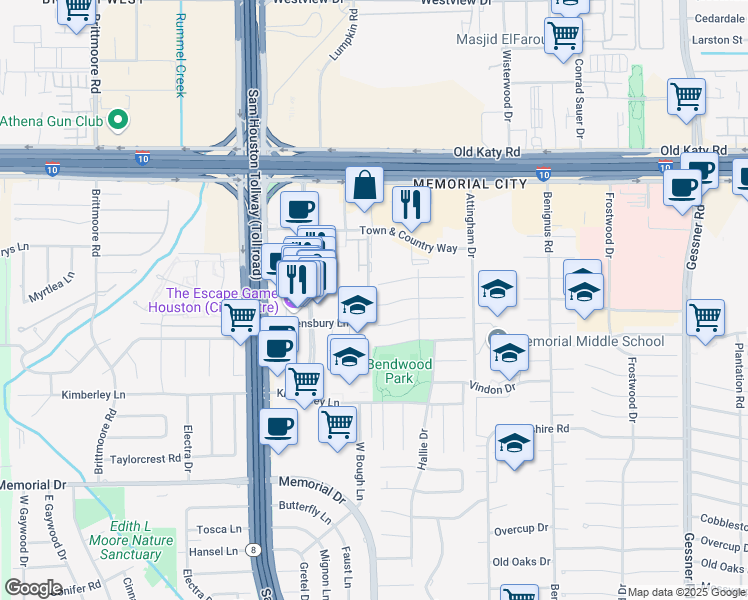 map of restaurants, bars, coffee shops, grocery stores, and more near 12726 Rocky Meadow Drive in Houston