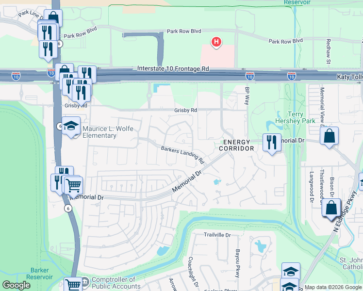 map of restaurants, bars, coffee shops, grocery stores, and more near 15690 Barkers Landing Road in Houston