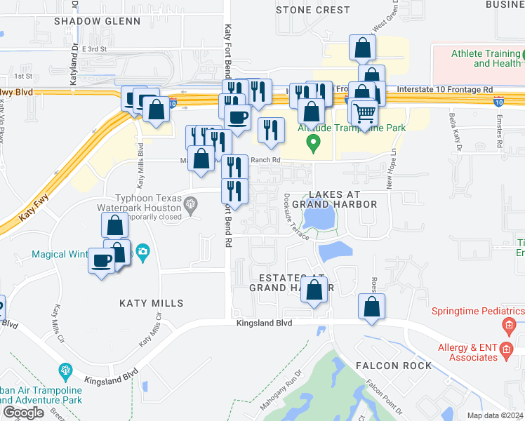 map of restaurants, bars, coffee shops, grocery stores, and more near 430 Dockside Terrace in Katy