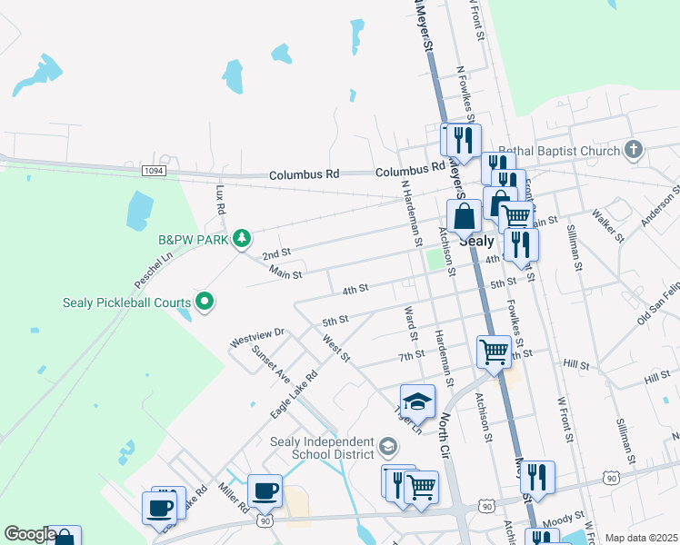 map of restaurants, bars, coffee shops, grocery stores, and more near 766 Main Street in Sealy
