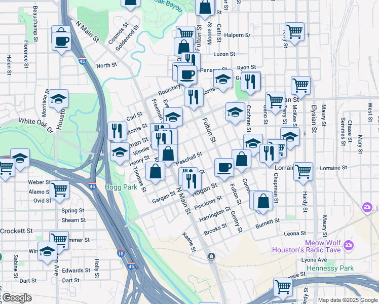 map of restaurants, bars, coffee shops, grocery stores, and more near 2112 Everett Street in Houston
