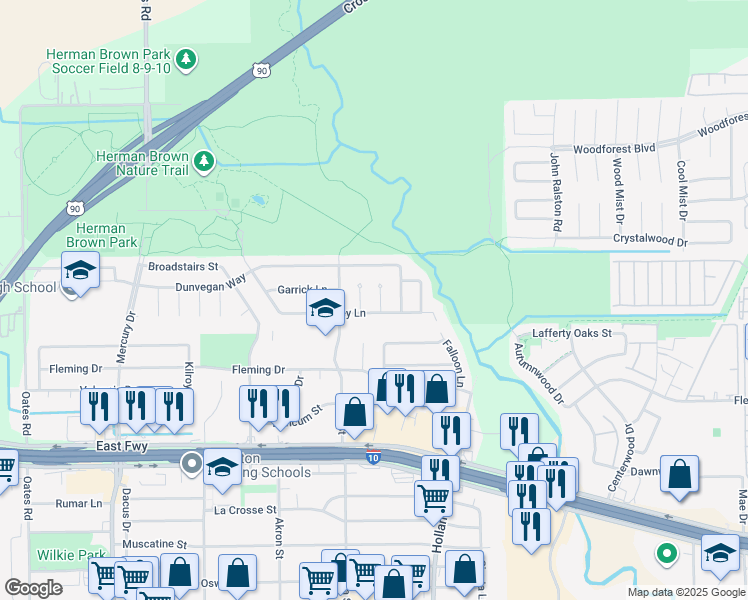 map of restaurants, bars, coffee shops, grocery stores, and more near 522 Wild Wind Lane in Houston