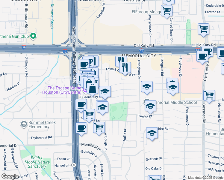 map of restaurants, bars, coffee shops, grocery stores, and more near 12726 Rocky Meadow Drive in Houston