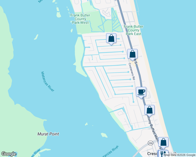 map of restaurants, bars, coffee shops, grocery stores, and more near 6330 Salado Road in St. Augustine