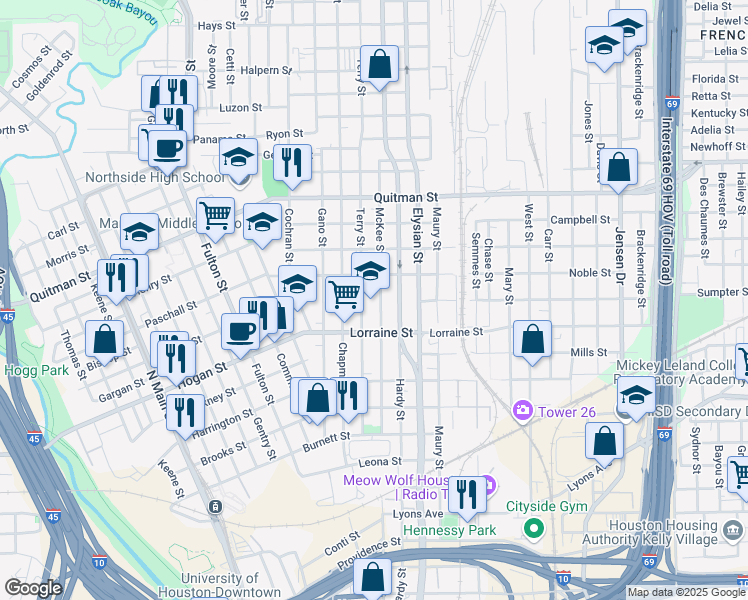 map of restaurants, bars, coffee shops, grocery stores, and more near 1909 McKee Street in Houston