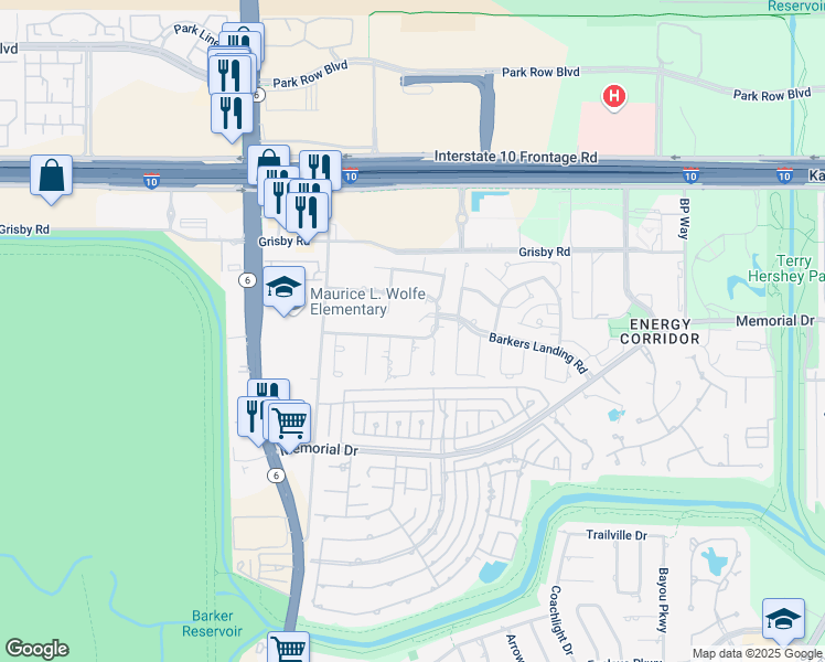 map of restaurants, bars, coffee shops, grocery stores, and more near 15822 South Barkers Landing Road in Houston