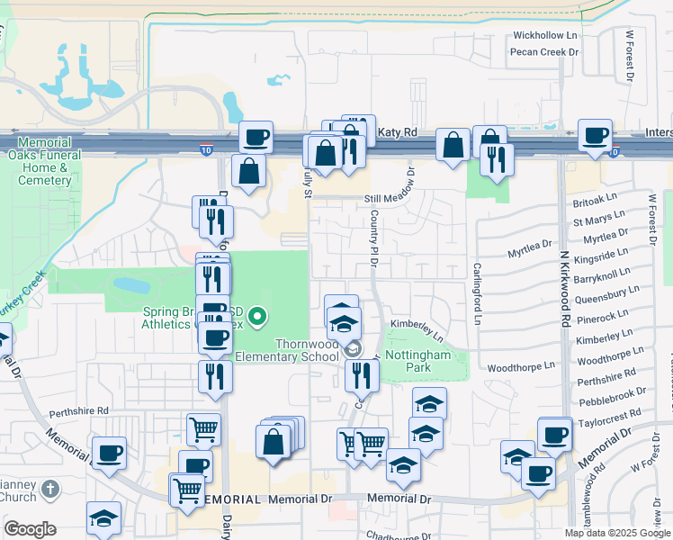 map of restaurants, bars, coffee shops, grocery stores, and more near 14463 Misty Meadow Lane in Houston