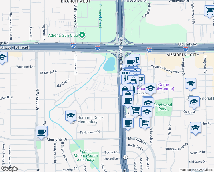 map of restaurants, bars, coffee shops, grocery stores, and more near 12969A Trail Hollow Drive in Houston