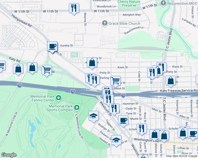 map of restaurants, bars, coffee shops, grocery stores, and more near 5845 Darling Street in Houston