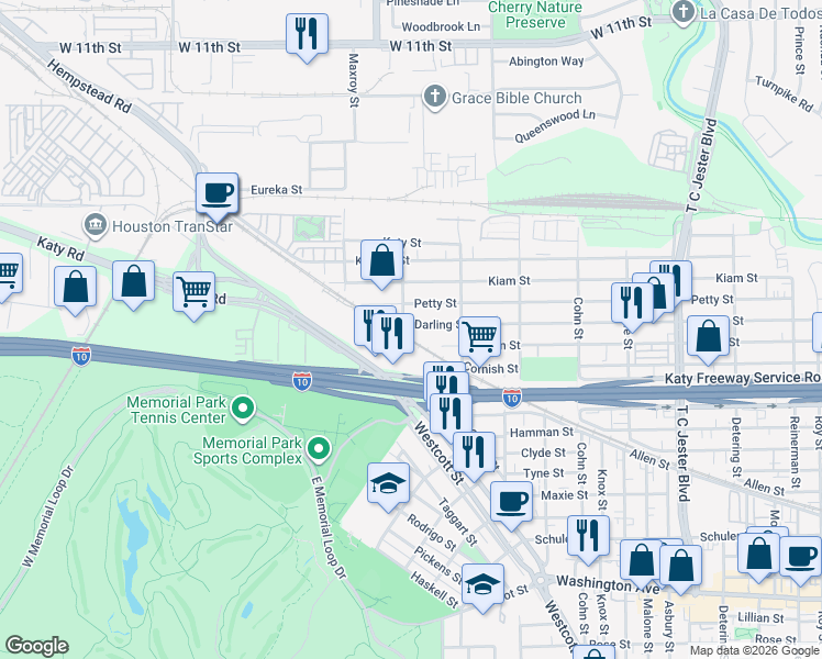 map of restaurants, bars, coffee shops, grocery stores, and more near 5845 Darling Street in Houston