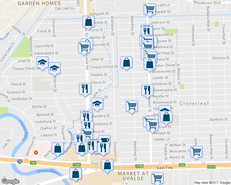 map of restaurants, bars, coffee shops, grocery stores, and more near 901 Evanston Street in Houston