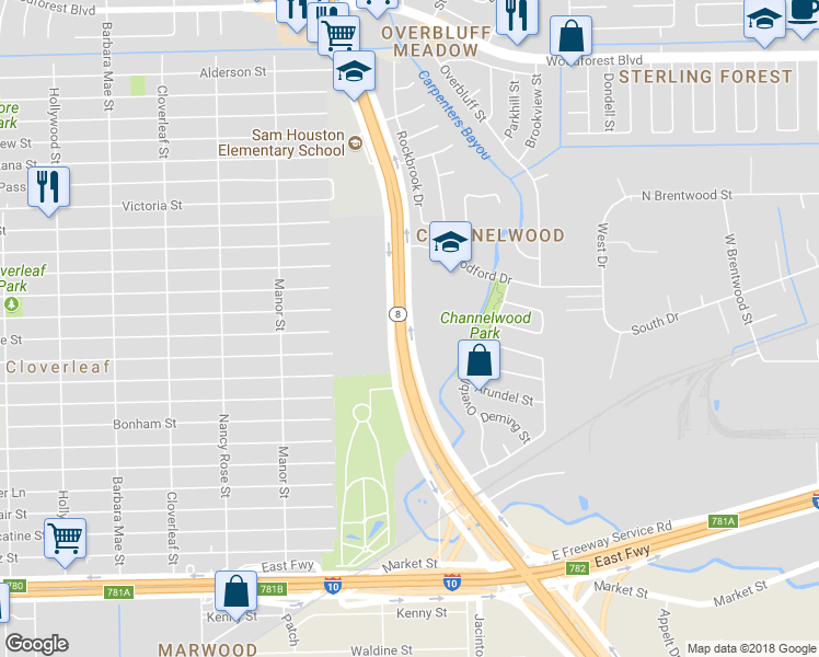 map of restaurants, bars, coffee shops, grocery stores, and more near Sam Houston Tollway in Harris