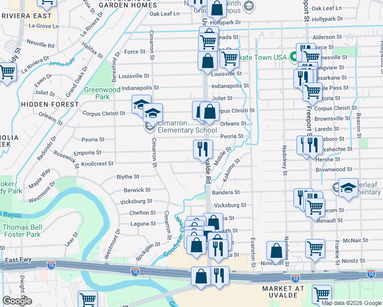 map of restaurants, bars, coffee shops, grocery stores, and more near 13354 Emporia Street in Houston