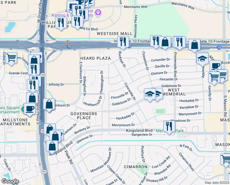 map of restaurants, bars, coffee shops, grocery stores, and more near 22811 Elsinore Drive in Katy