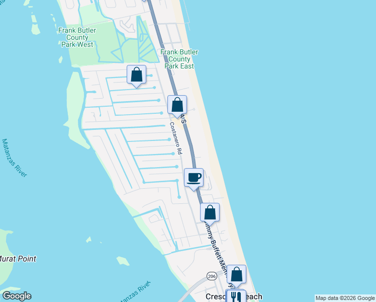 map of restaurants, bars, coffee shops, grocery stores, and more near 6224 Costanero Road in St. Augustine