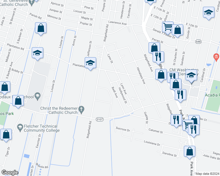 map of restaurants, bars, coffee shops, grocery stores, and more near 1704 Badt Avenue in Thibodaux
