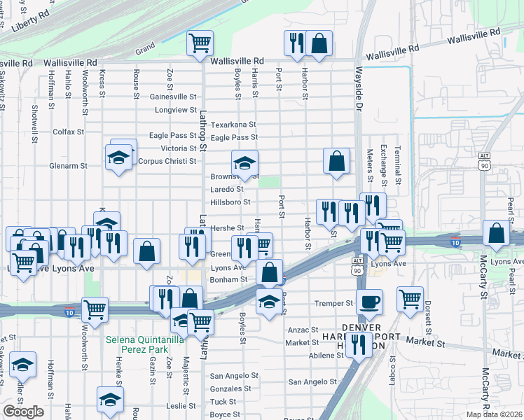map of restaurants, bars, coffee shops, grocery stores, and more near 7123 Waxahachie Street in Houston