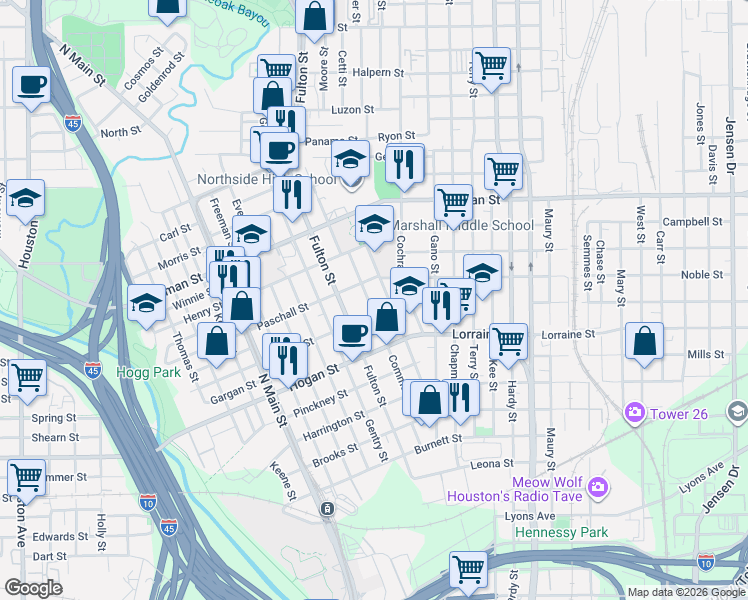 map of restaurants, bars, coffee shops, grocery stores, and more near 1109 James in Houston