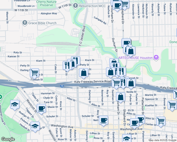 map of restaurants, bars, coffee shops, grocery stores, and more near 5313 Darling Street in Houston
