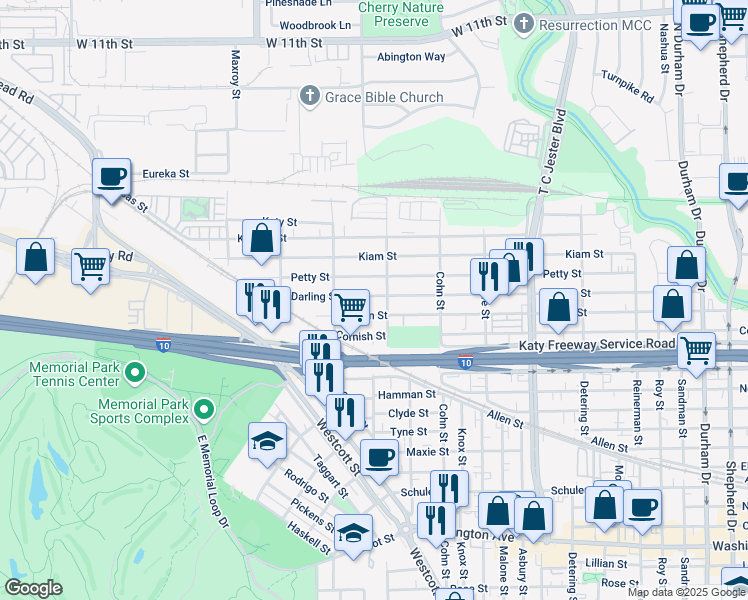 map of restaurants, bars, coffee shops, grocery stores, and more near 5729 Darling Street in Houston