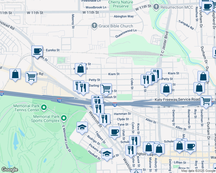 map of restaurants, bars, coffee shops, grocery stores, and more near 5729 Darling Street in Houston