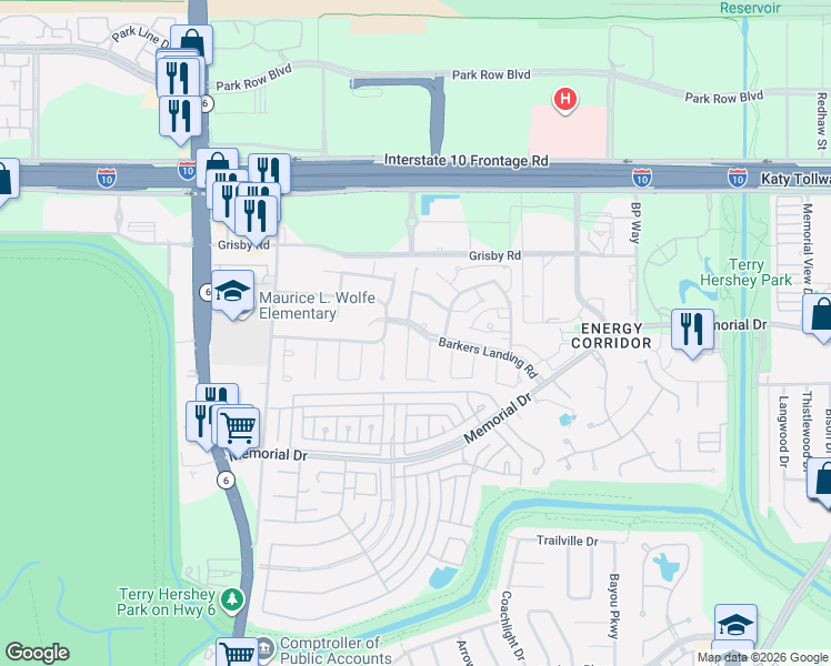 map of restaurants, bars, coffee shops, grocery stores, and more near 506 Commodore Way in Houston