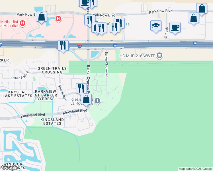 map of restaurants, bars, coffee shops, grocery stores, and more near 529 Barker-Clodine Road in Houston